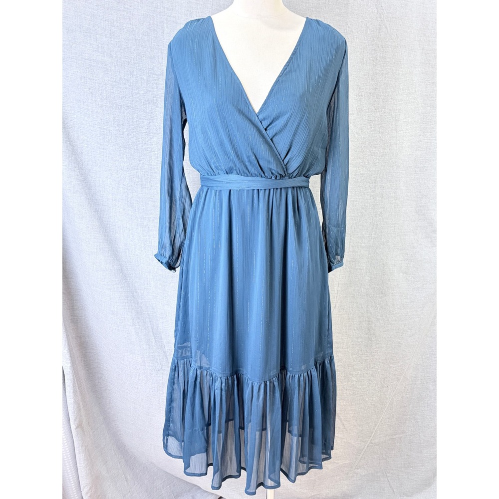 J.Crew Point Sur Faux-Wrap Crinkle Chiffon Midi Dress Cornflower Blue Gold 2
